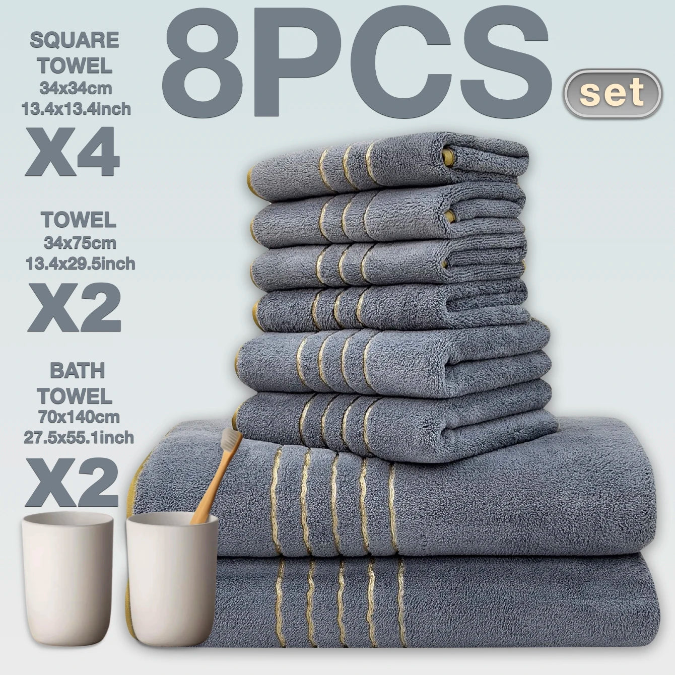 Premium White & Gray Towel Set with Gold Accents